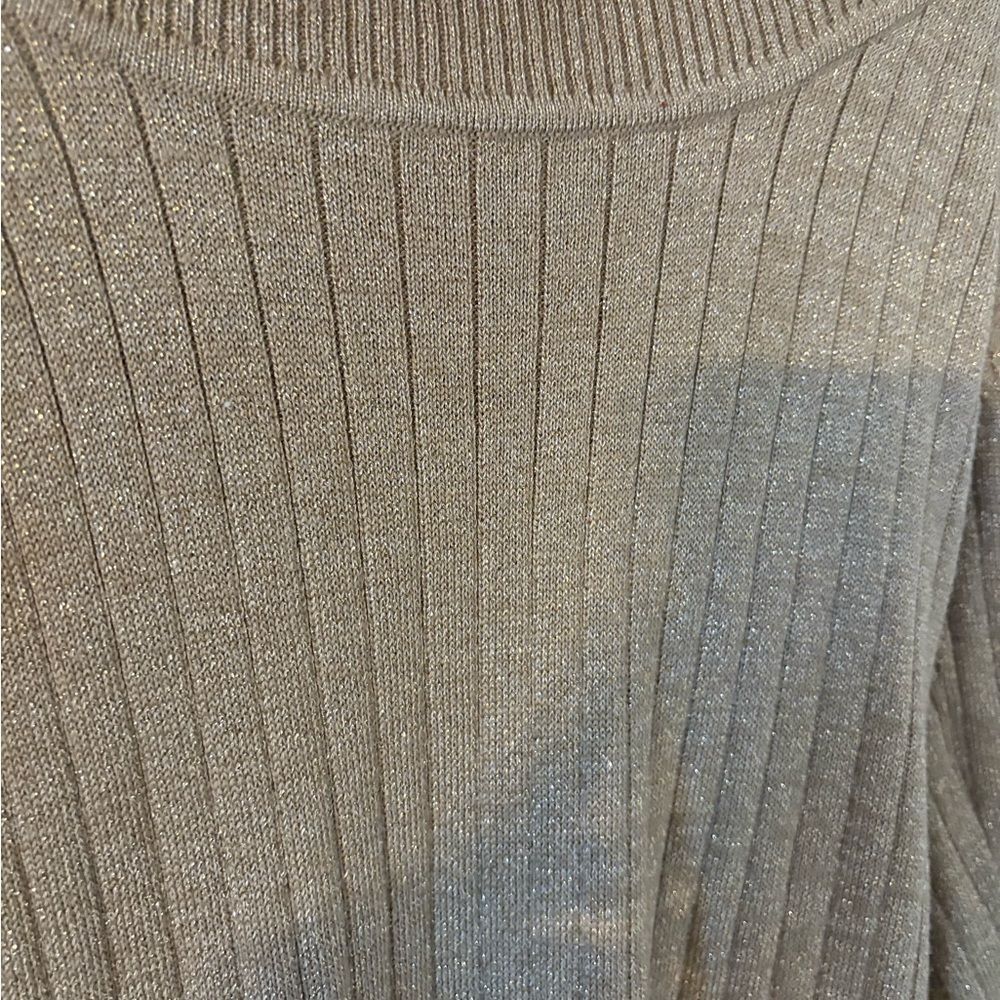 Cowl Neck Metallic Ribbed Tunic Sweater Top Camel Quiet Luxury M - Picture 4 of 7